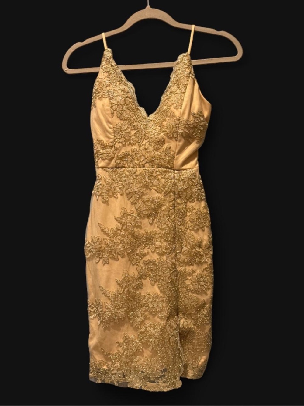 Windsor Metallic Gold Lace V-Neck Spaghetti Strap Dress